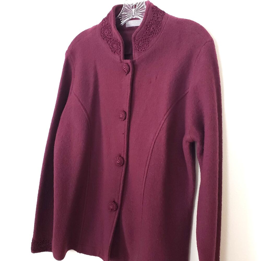 Kate Hill Wool Sweater Jacket Crocheted Details & Buttons Magenta Size Large P